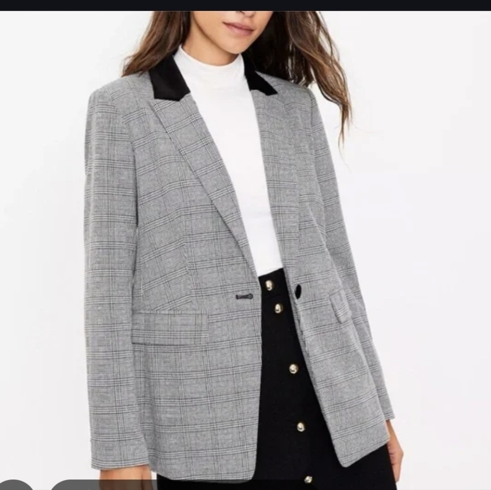LOFT Black and Gray Glen Plaid Blazer with Black Velvet Collar And Buttons